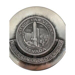 VTG City Of Las Vegas Nevada 1987 Pewter-Topped Tin Canister Box 5" X 2" Collect